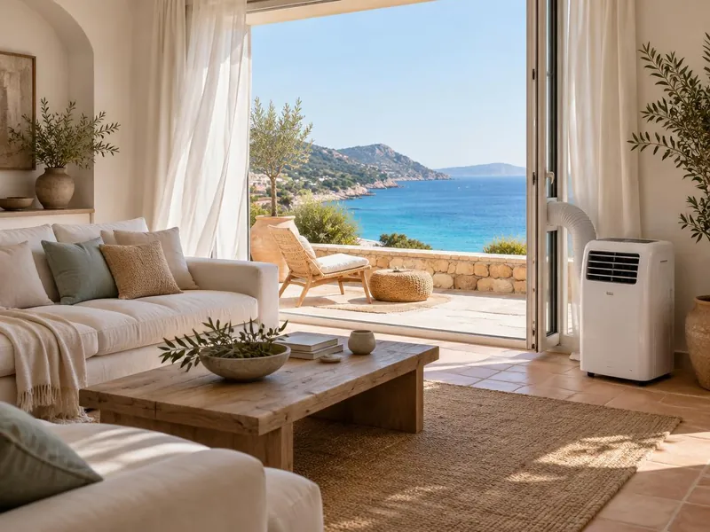 Logement Airbnb vue mer équipé d’un climatiseur mobile