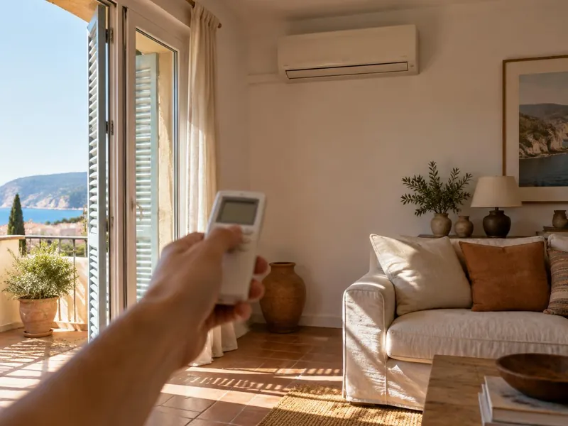 Climatiseur mural en panne dans un salon en pleine chaleur