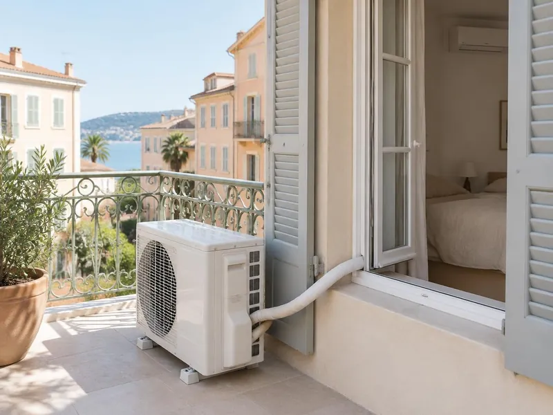 Unité extérieure de PortaSplit posée sur un balcon