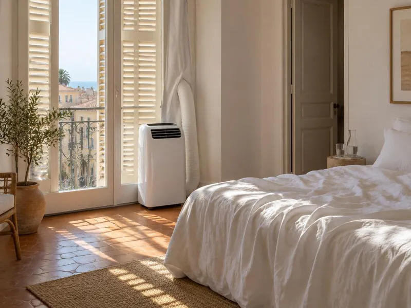 Climatiseur mobile près d’une fenêtre dans une chambre à Nice