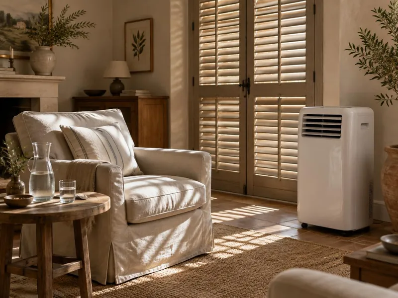 Salon aux volets fermés avec un climatiseur mobile en été